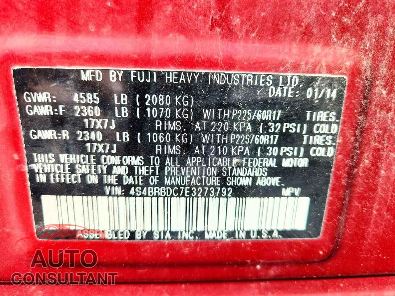 SUBARU OUTBACK 2014 - 4S4BRBDC7E3273792