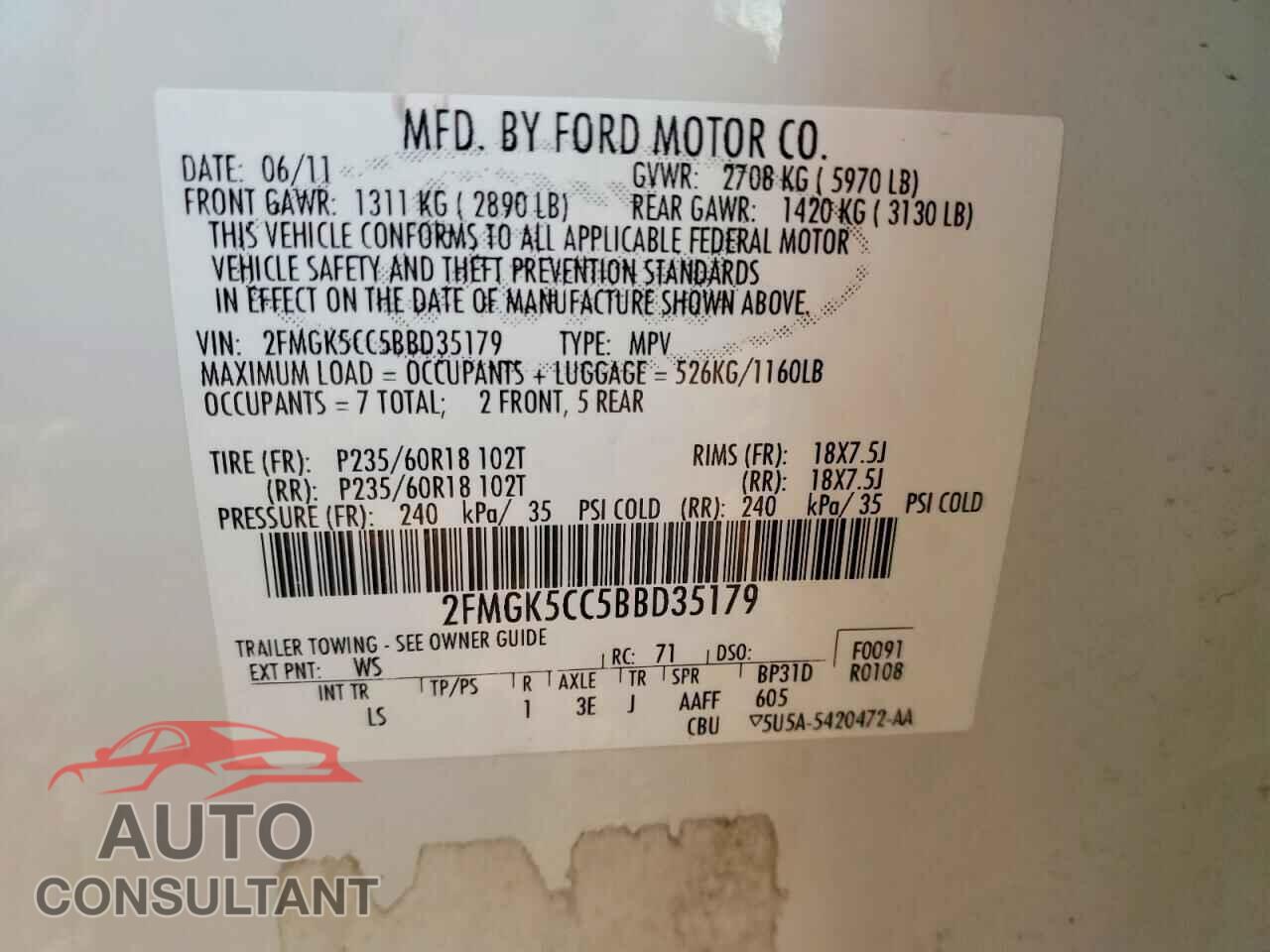 FORD FLEX 2011 - 2FMGK5CC5BBD35179