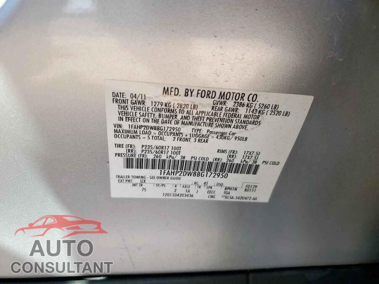 FORD TAURUS 2011 - 1FAHP2DW8BG172950