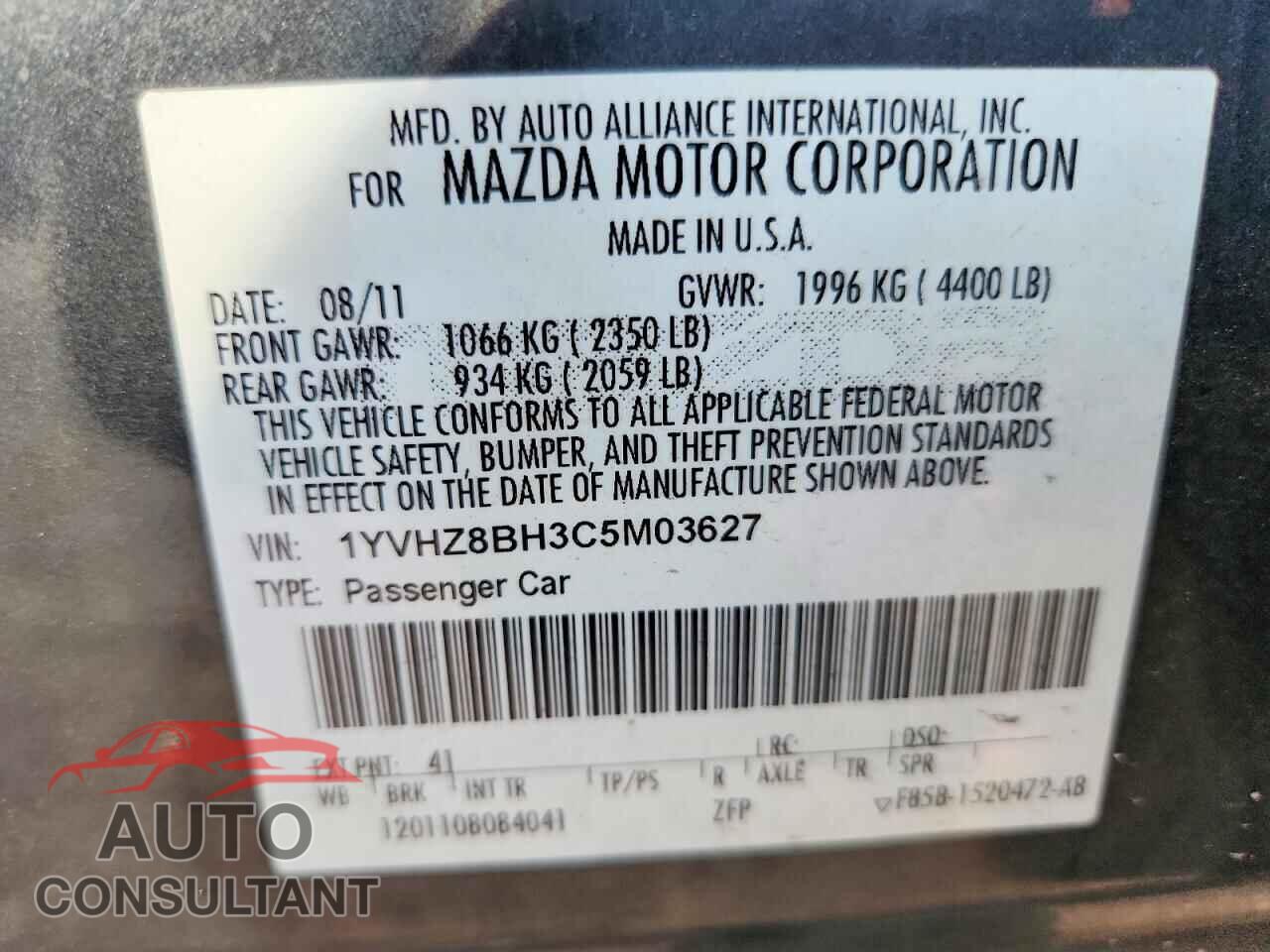 MAZDA 6 2012 - 1YVHZ8BH3C5M03627