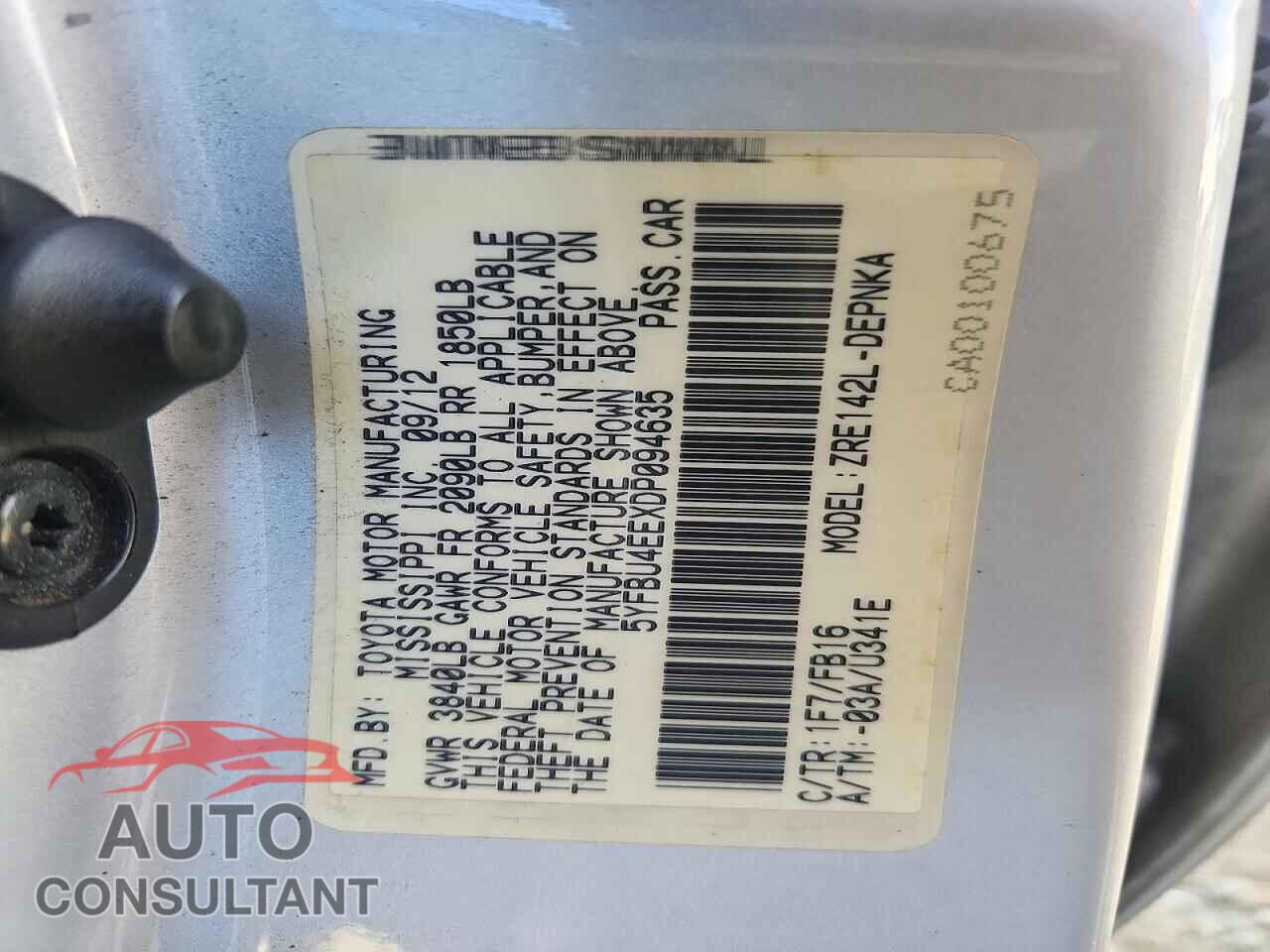 TOYOTA COROLLA 2013 - 5YFBU4EEXDP094635
