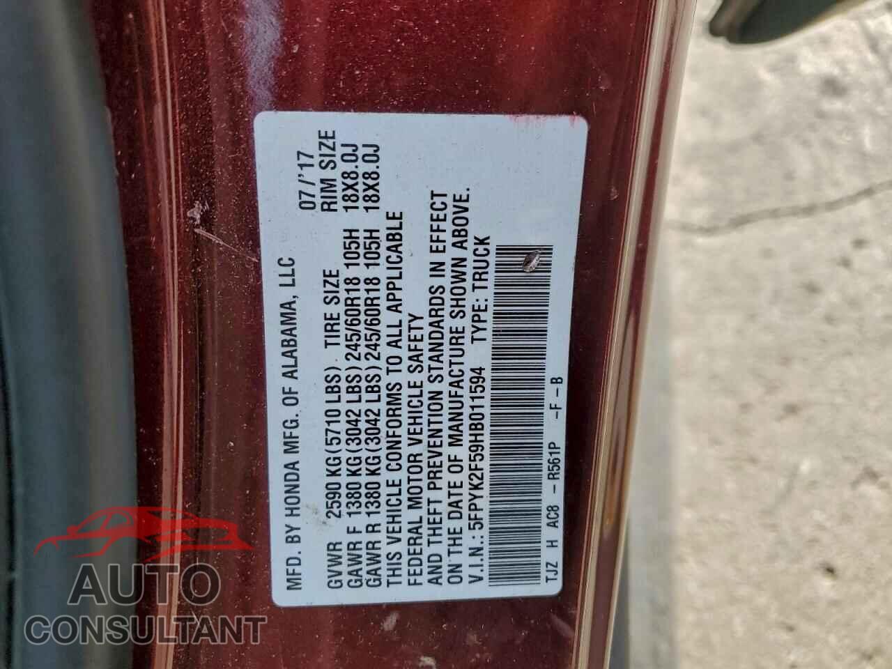 HONDA RIDGELINE 2017 - 5FPYK2F59HB011594