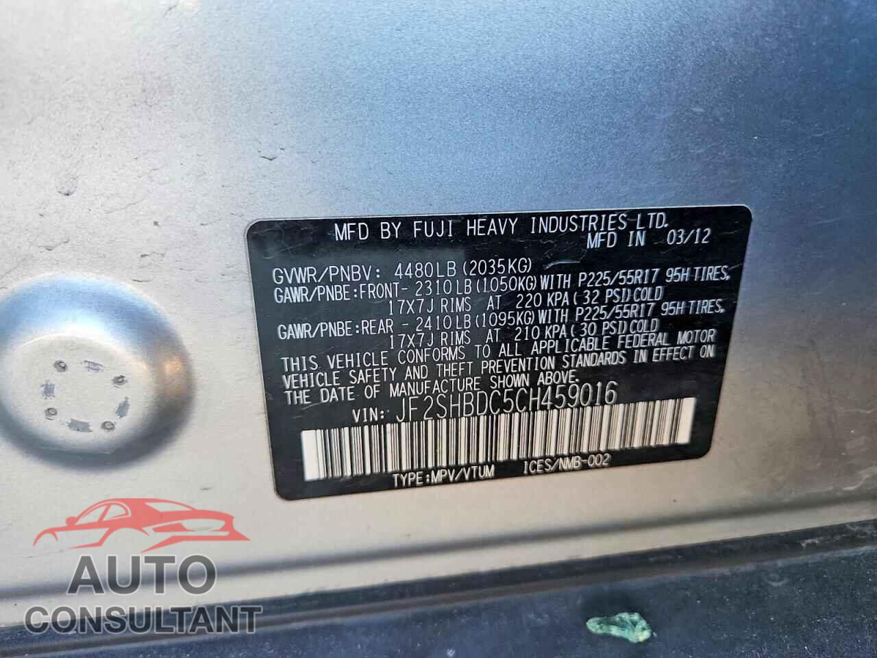 SUBARU FORESTER 2012 - JF2SHBDC5CH459016