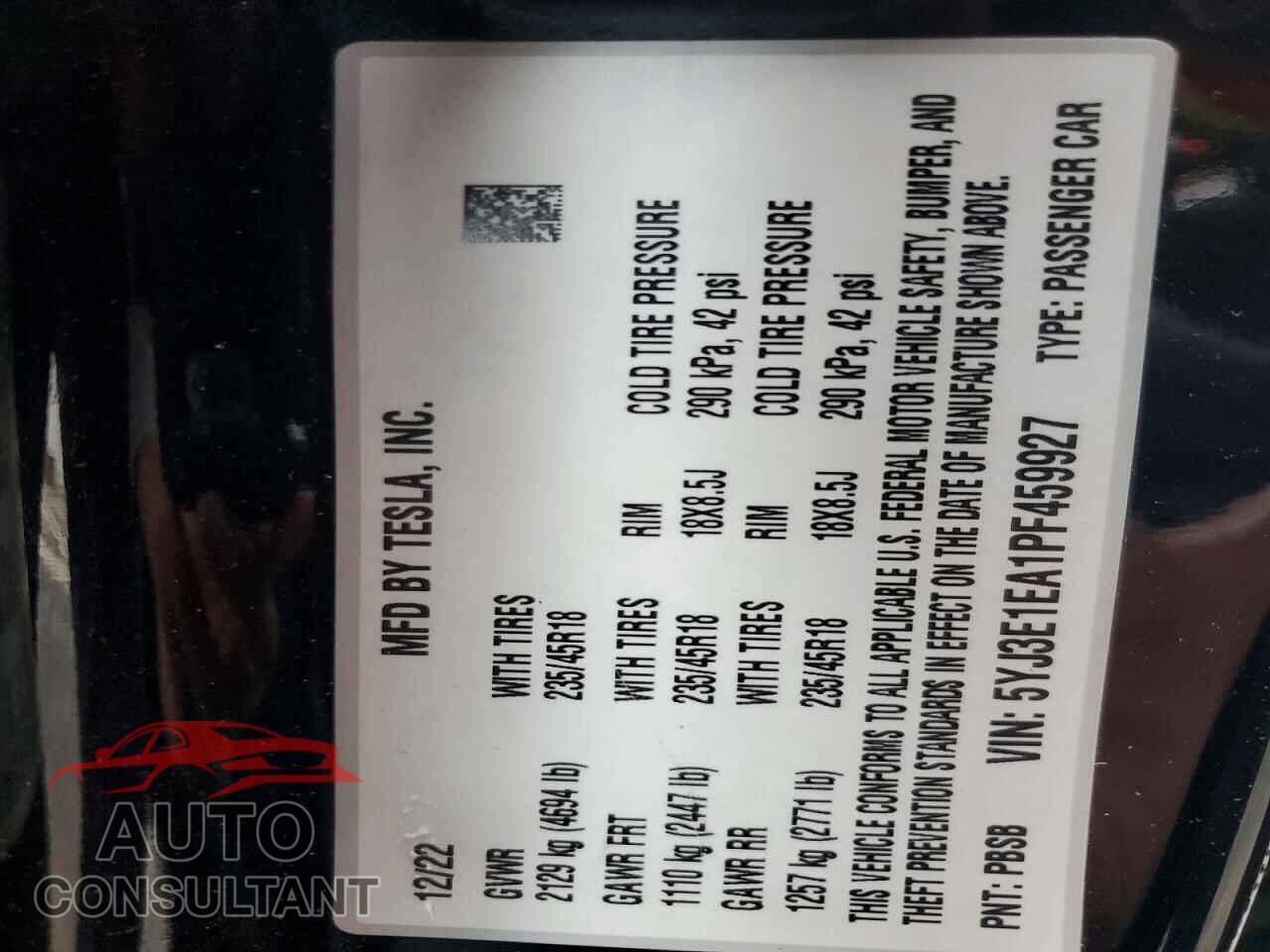 TESLA MODEL 3 2023 - 5YJ3E1EA1PF459927