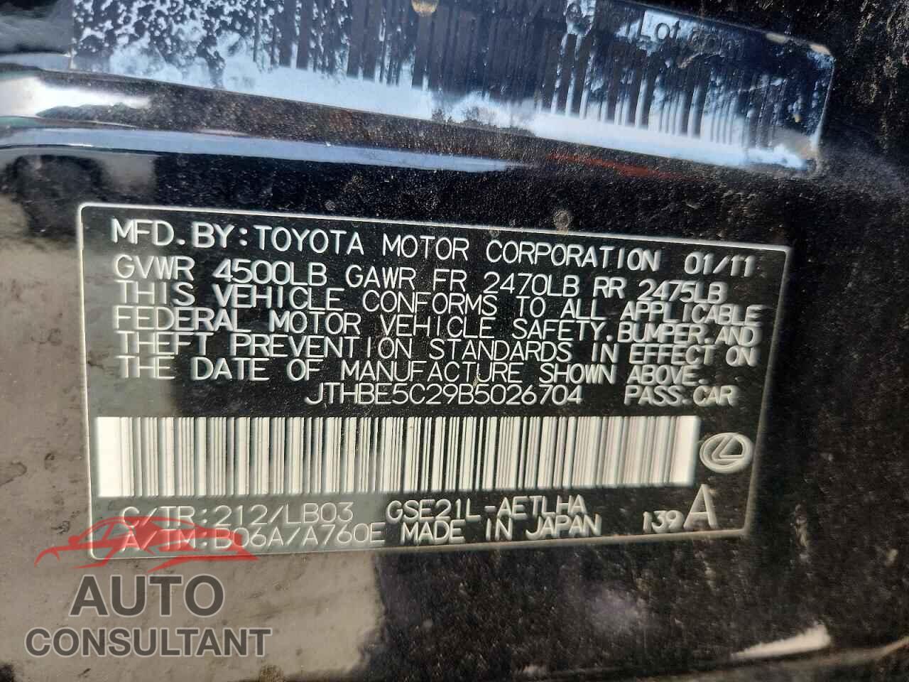 LEXUS IS 2011 - JTHBE5C29B5026704