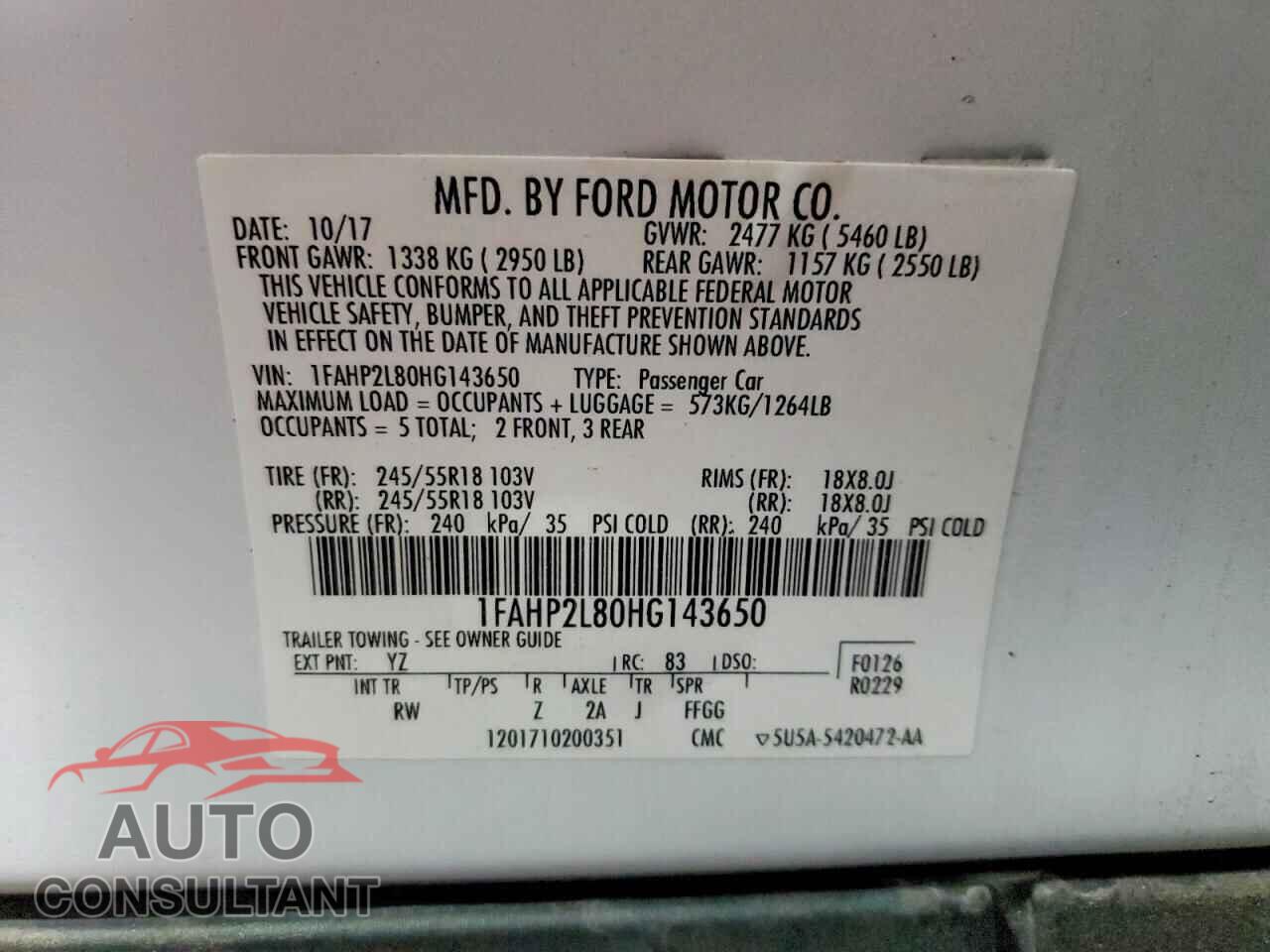 FORD TAURUS 2017 - 1FAHP2L80HG143650