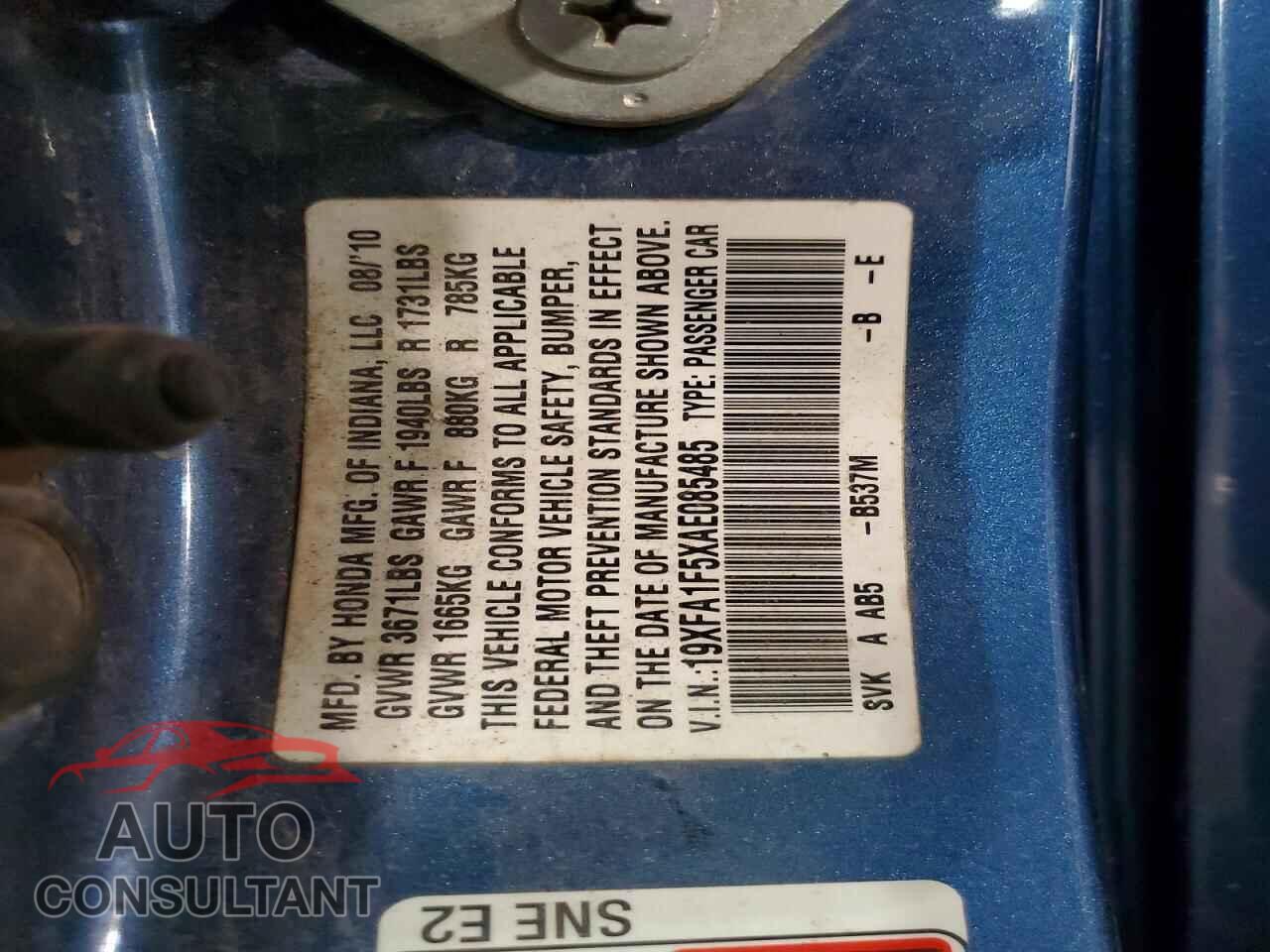 HONDA CIVIC 2010 - 19XFA1F5XAE085485