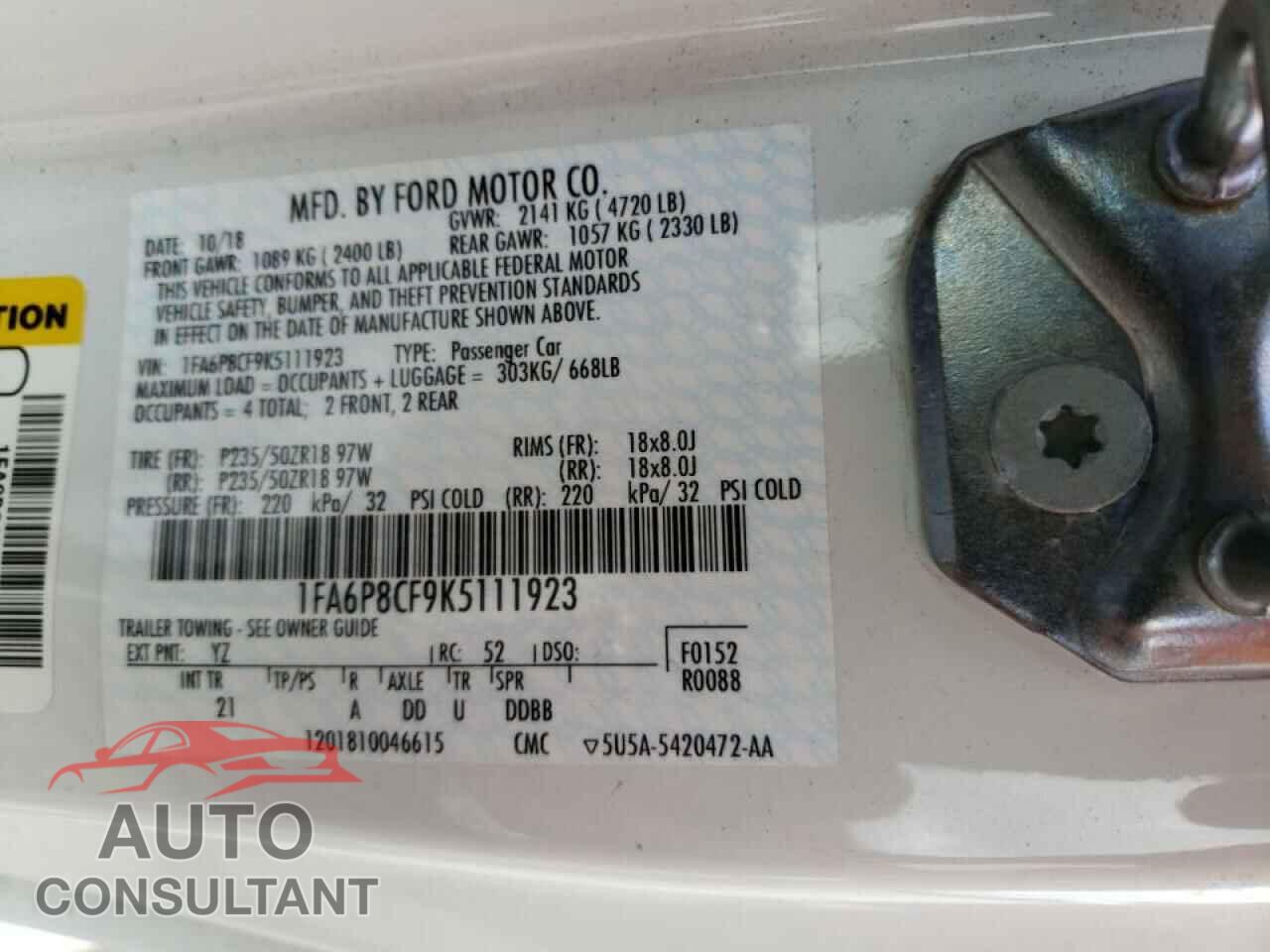 FORD MUSTANG 2019 - 1FA6P8CF9K5111923
