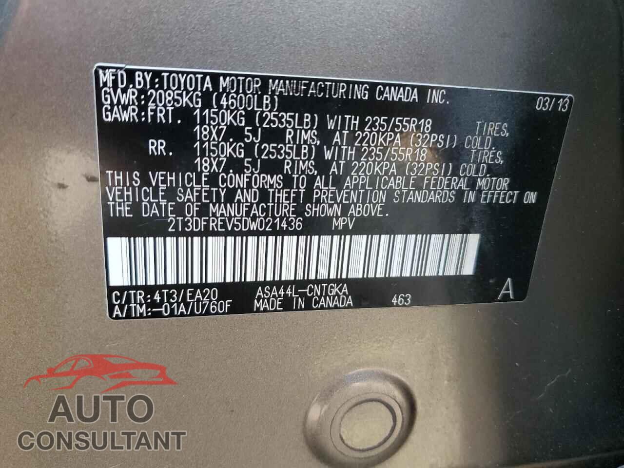 TOYOTA RAV4 2013 - 2T3DFREV5DW021436