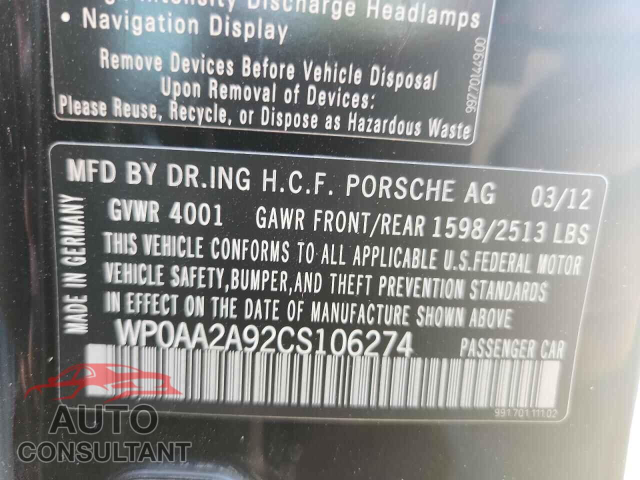 PORSCHE 911 2012 - WP0AA2A92CS106274