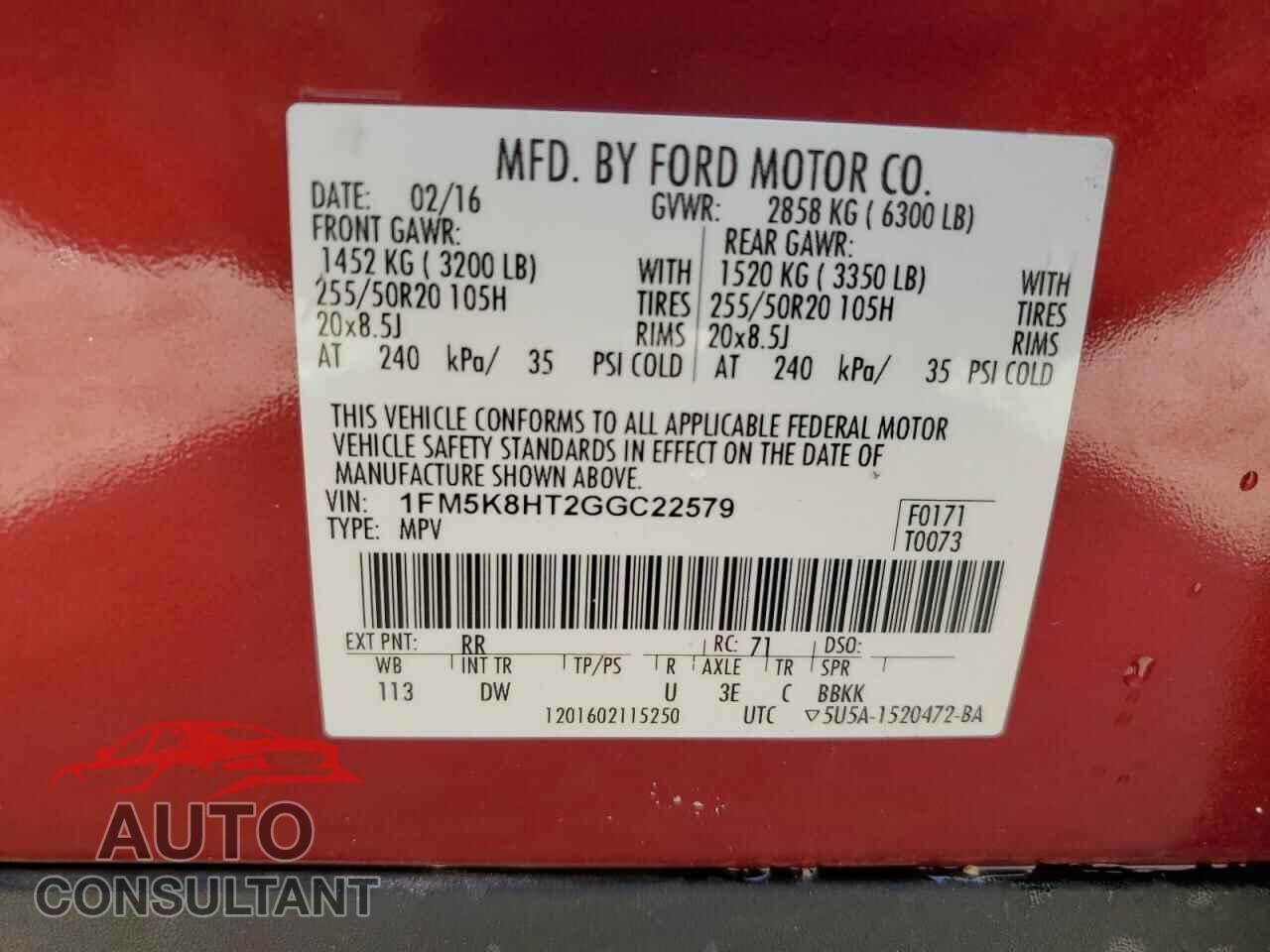 FORD EXPLORER 2016 - 1FM5K8HT2GGC22579