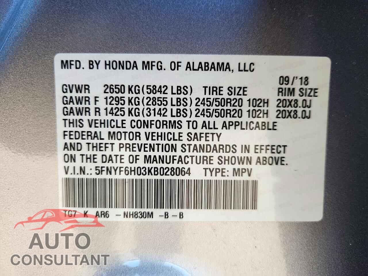 HONDA PILOT 2019 - 5FNYF6H03KB028064