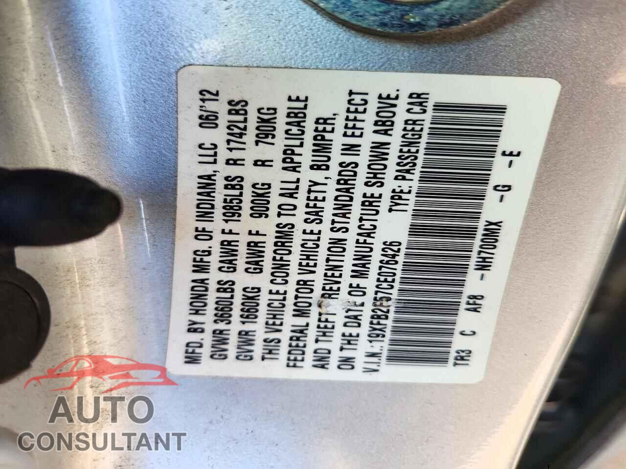 HONDA CIVIC 2012 - 19XFB2F57CE076426