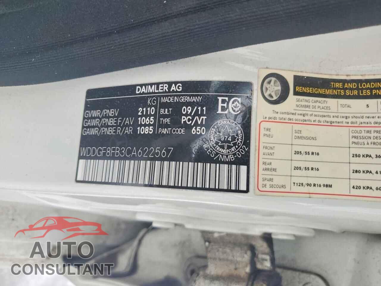 MERCEDES-BENZ C-CLASS 2012 - WDDGF8FB3CA622567