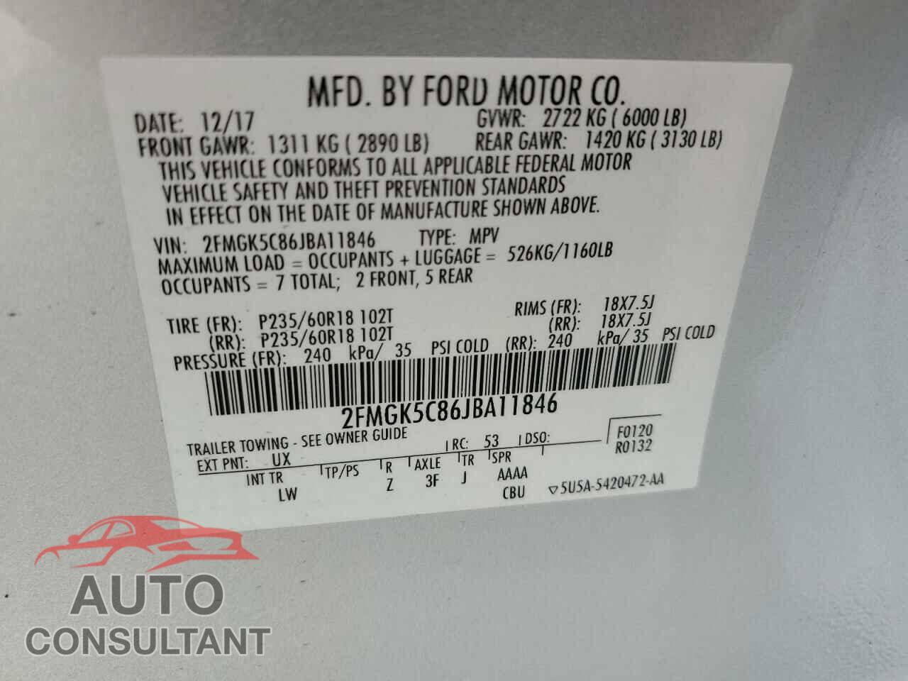 FORD FLEX 2018 - 2FMGK5C86JBA11846