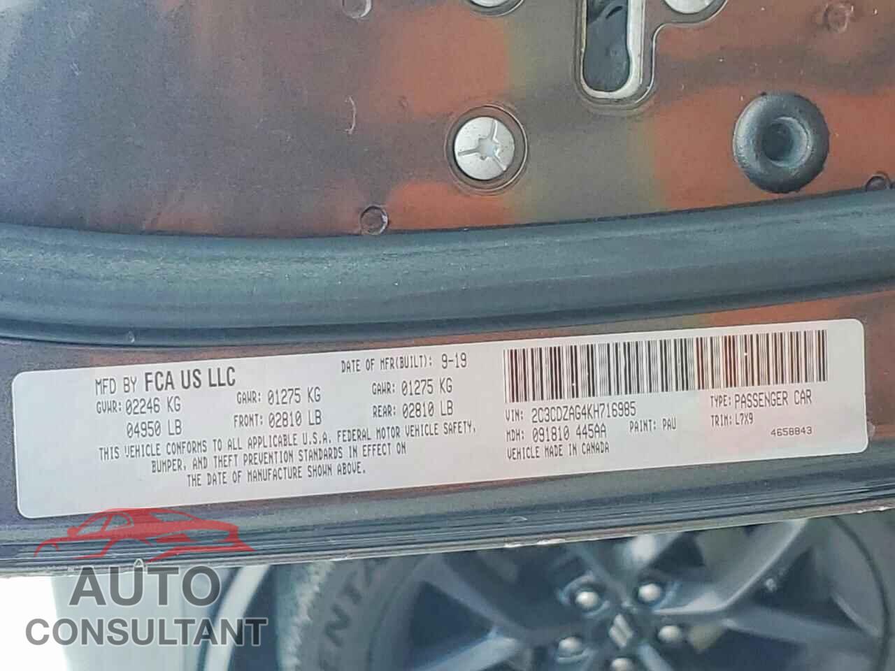 DODGE CHALLENGER 2019 - 2C3CDZAG4KH716985