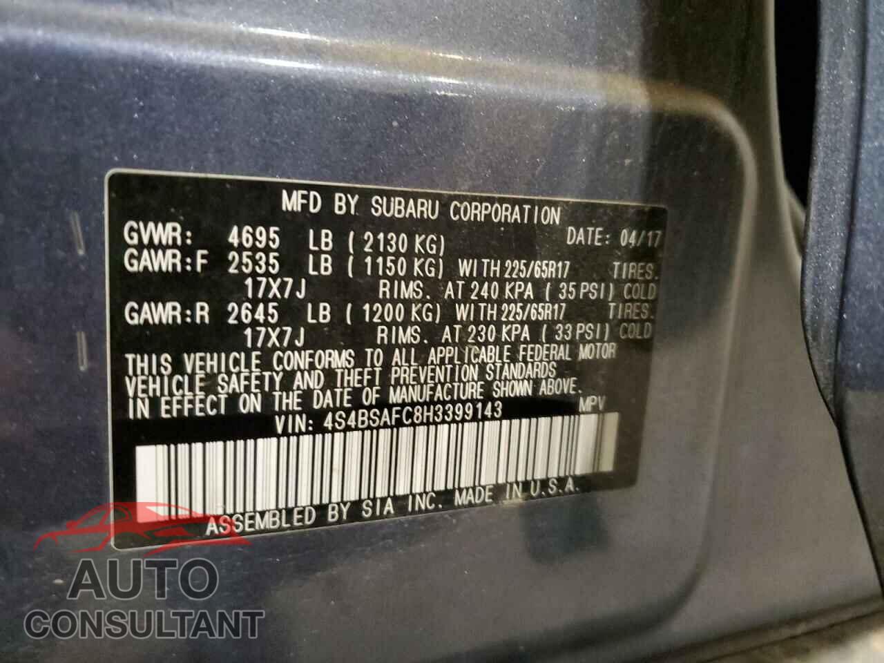 SUBARU OUTBACK 2017 - 4S4BSAFC8H3399143