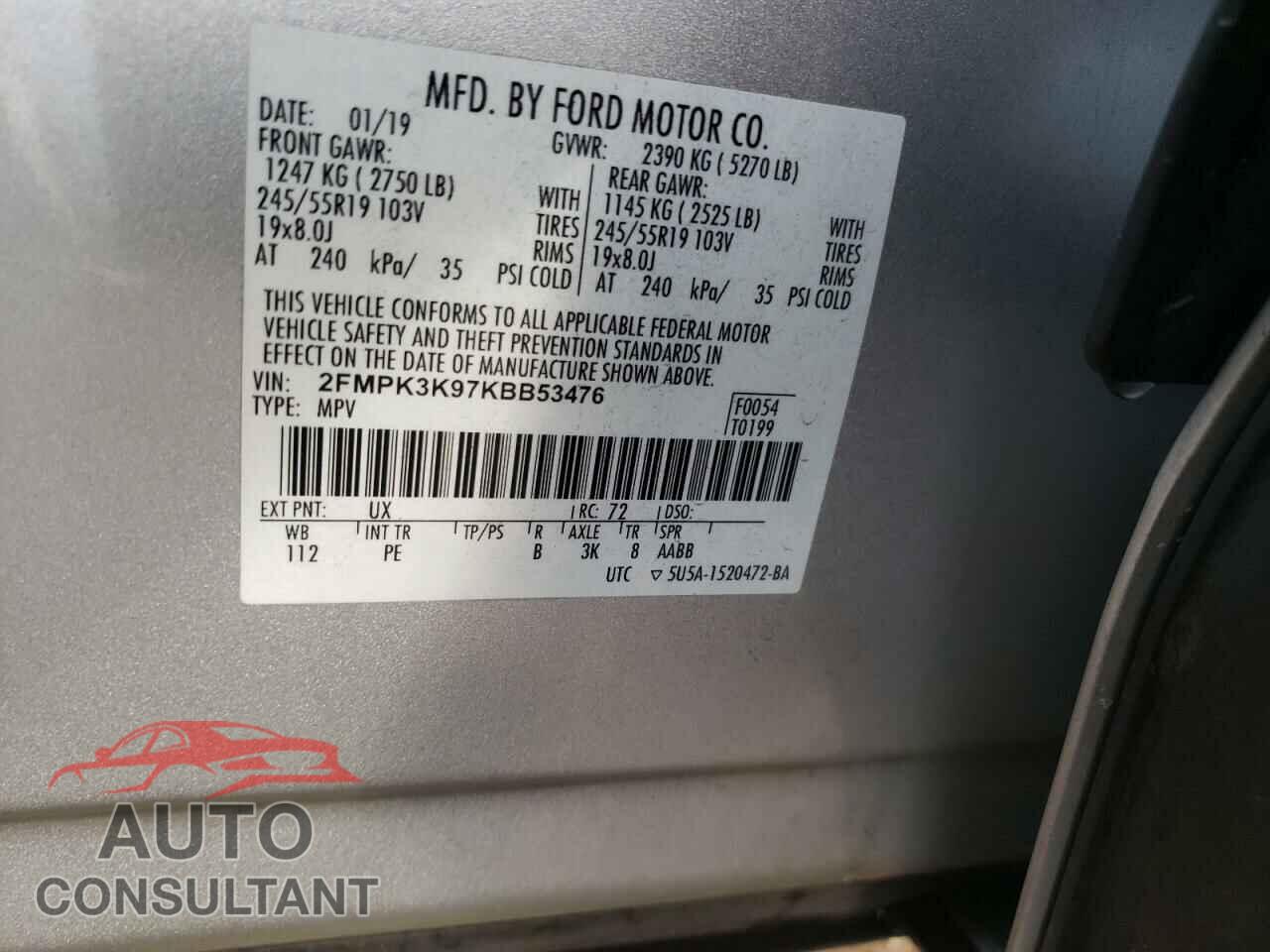 FORD EDGE 2019 - 2FMPK3K97KBB53476