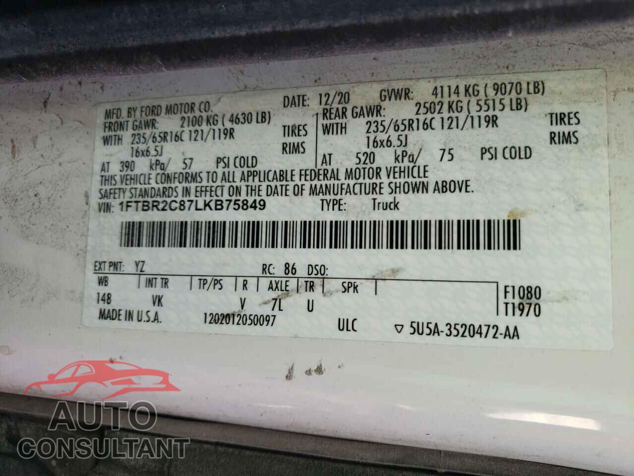 FORD TRANSIT 2020 - 1FTBR2C87LKB75849