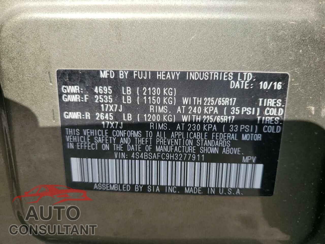 SUBARU OUTBACK 2017 - 4S4BSAFC9H3277911