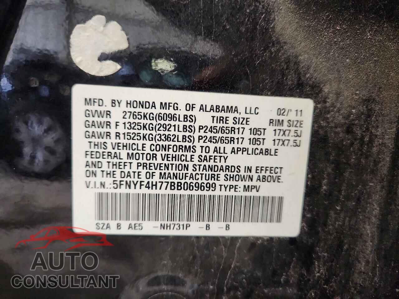 HONDA PILOT 2011 - 5FNYF4H77BB069699