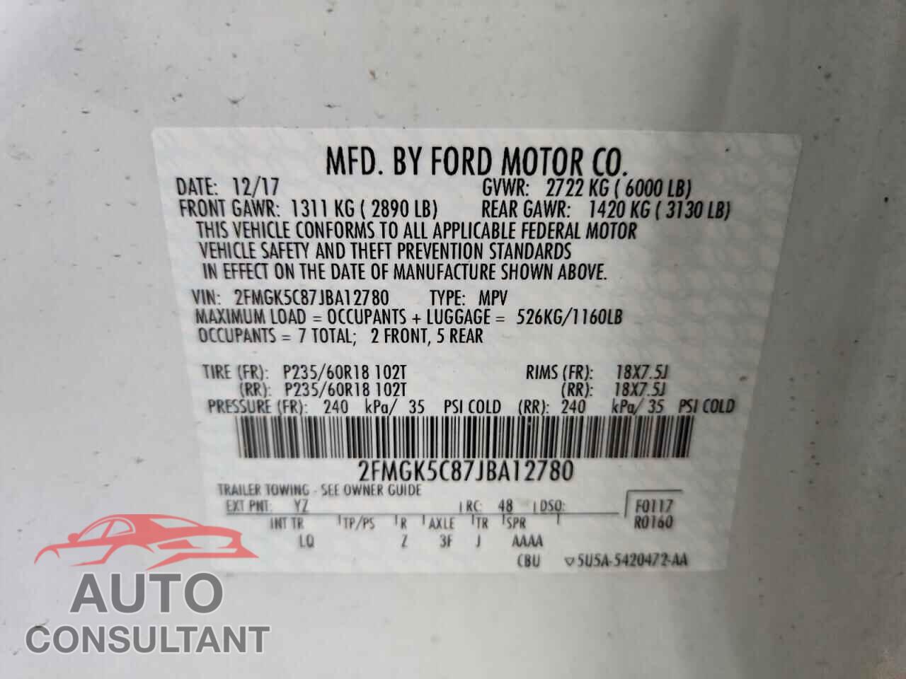 FORD FLEX 2018 - 2FMGK5C87JBA12780