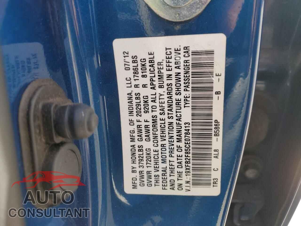 HONDA CIVIC 2012 - 19XFB2F85CE078413