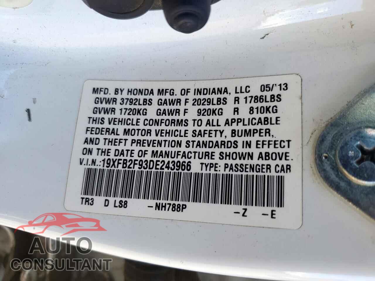 HONDA CIVIC 2013 - 19XFB2F93DE243966