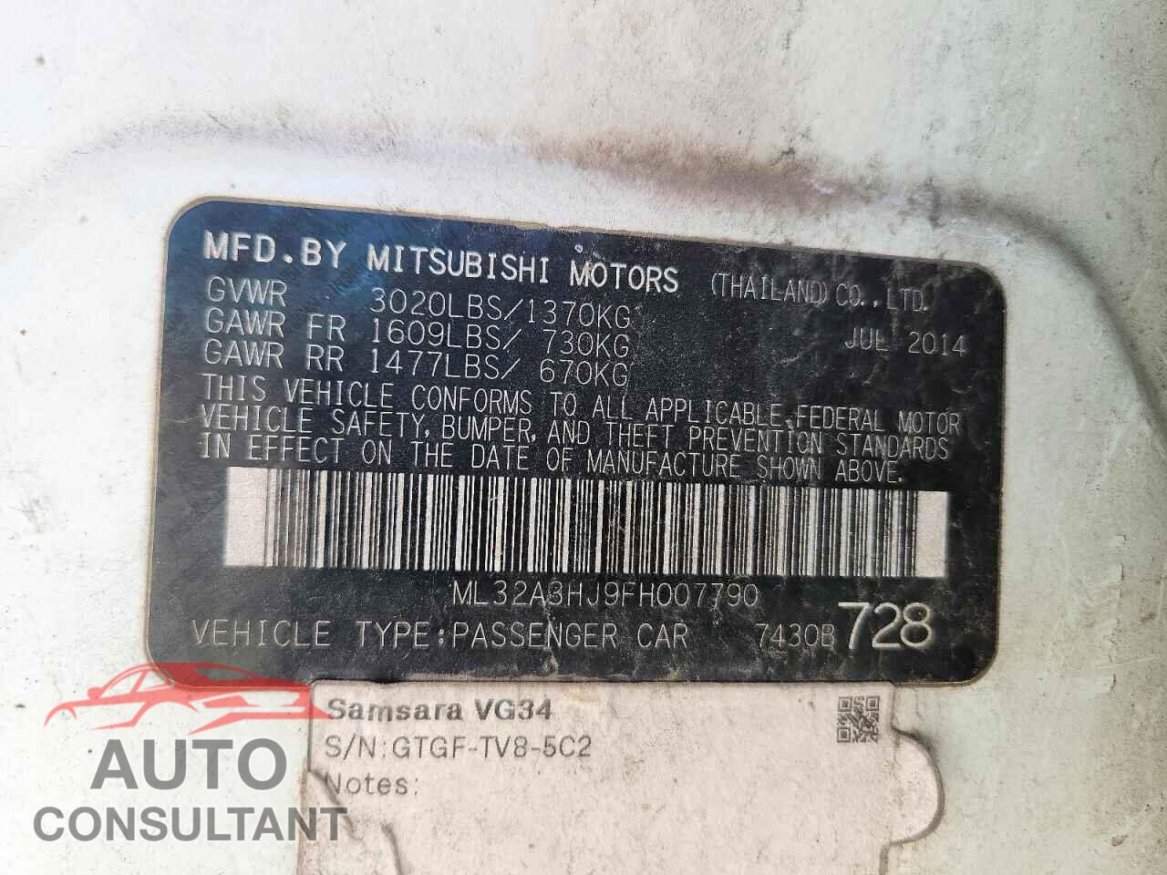 MITSUBISHI MIRAGE 2015 - ML32A3HJ9FH007790