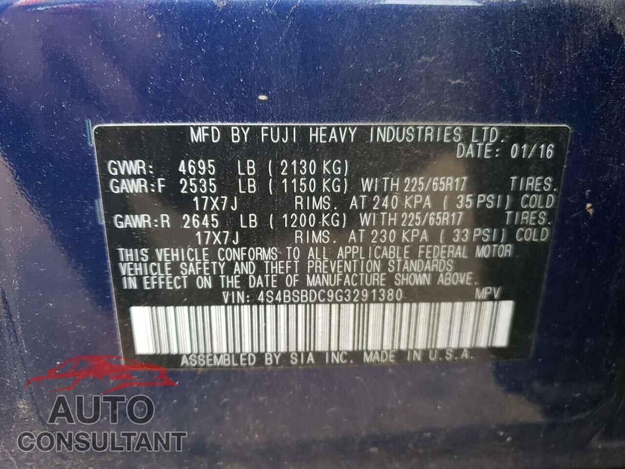 SUBARU OUTBACK 2016 - 4S4BSBDC9G3291380
