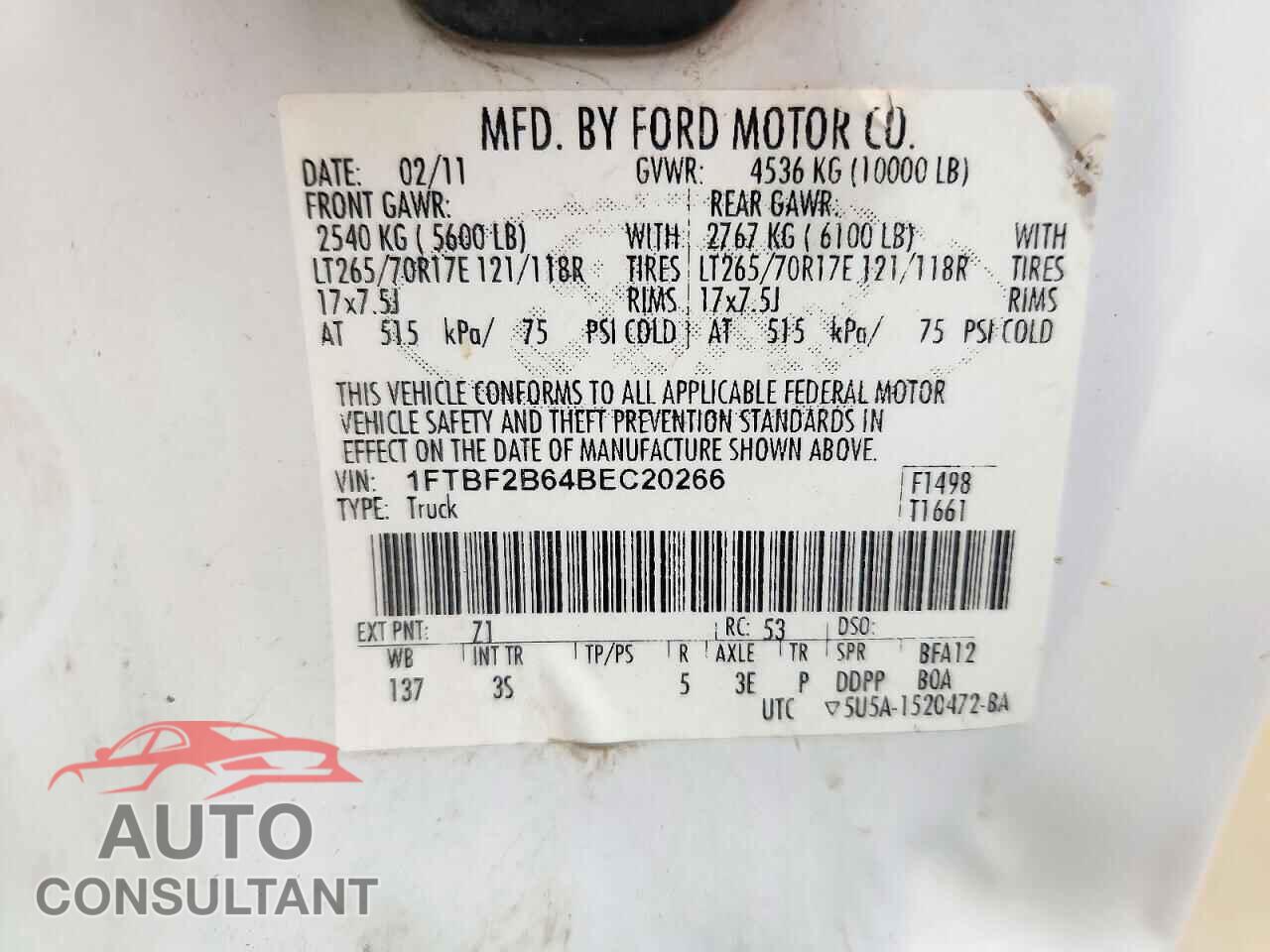 FORD F250 2011 - 1FTBF2B64BEC20266