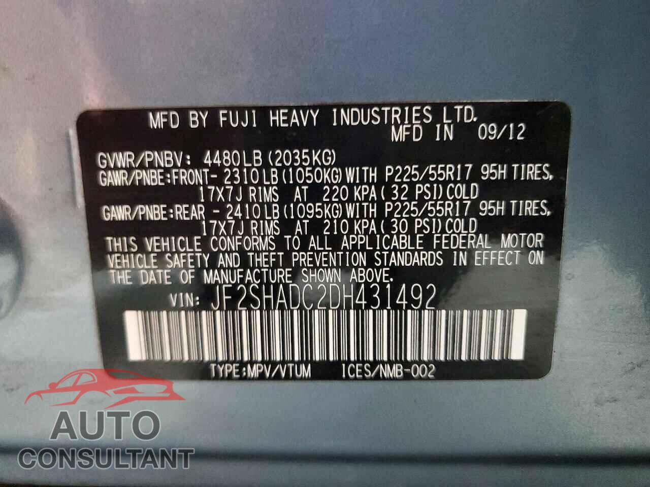 SUBARU FORESTER 2013 - JF2SHADC2DH431492