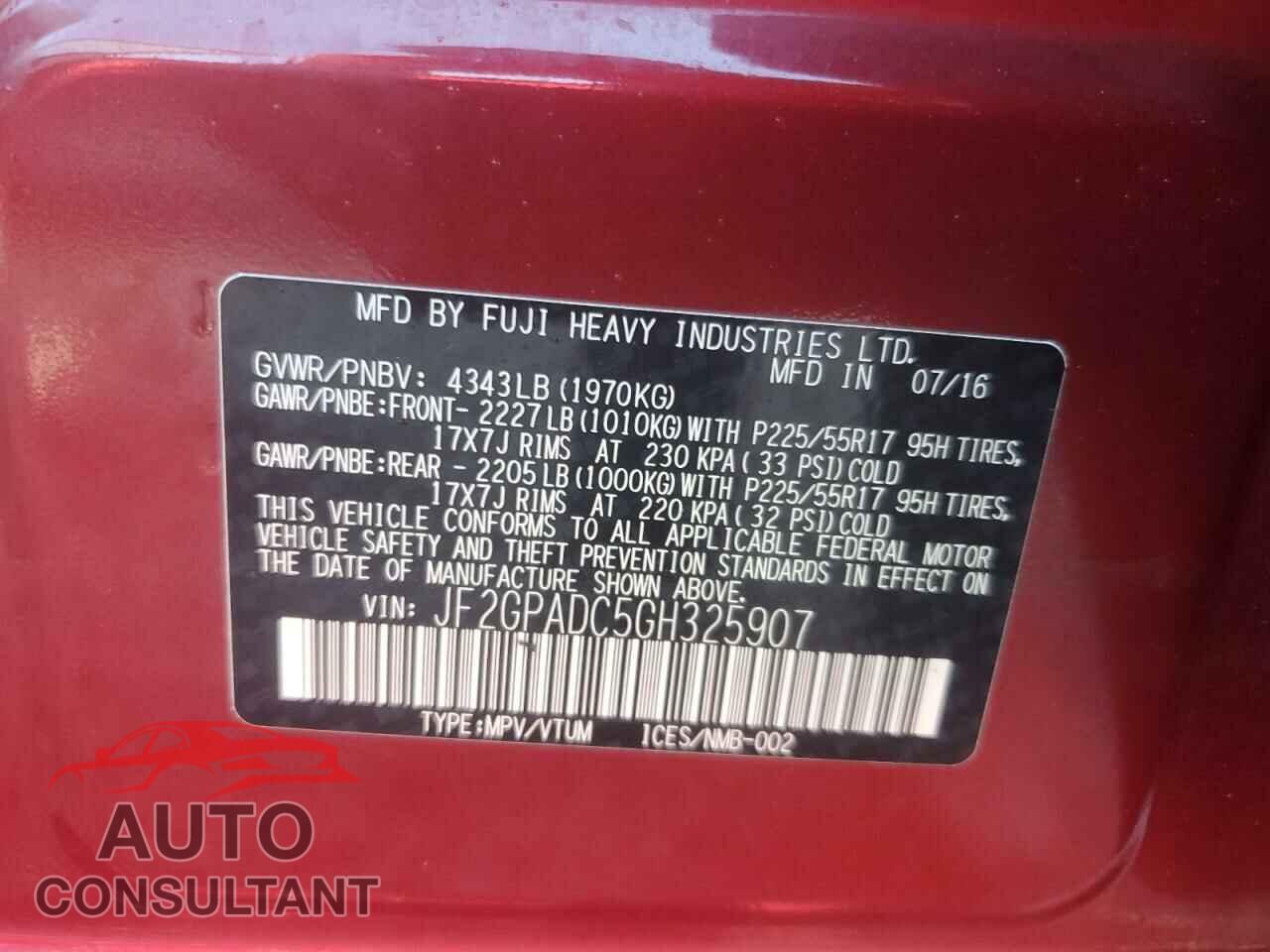 SUBARU CROSSTREK 2016 - JF2GPADC5GH325907