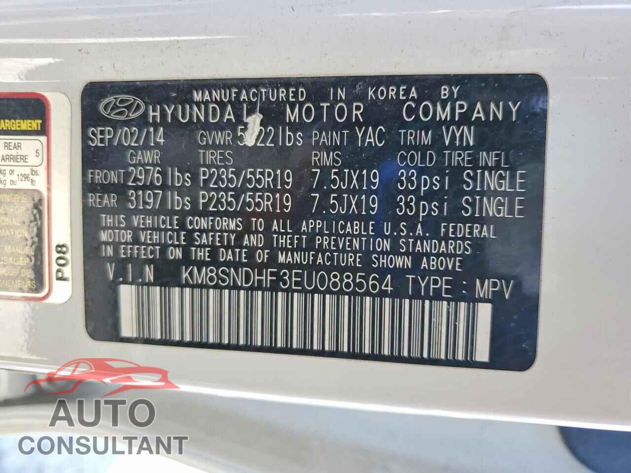 HYUNDAI SANTA FE 2014 - KM8SNDHF3EU088564