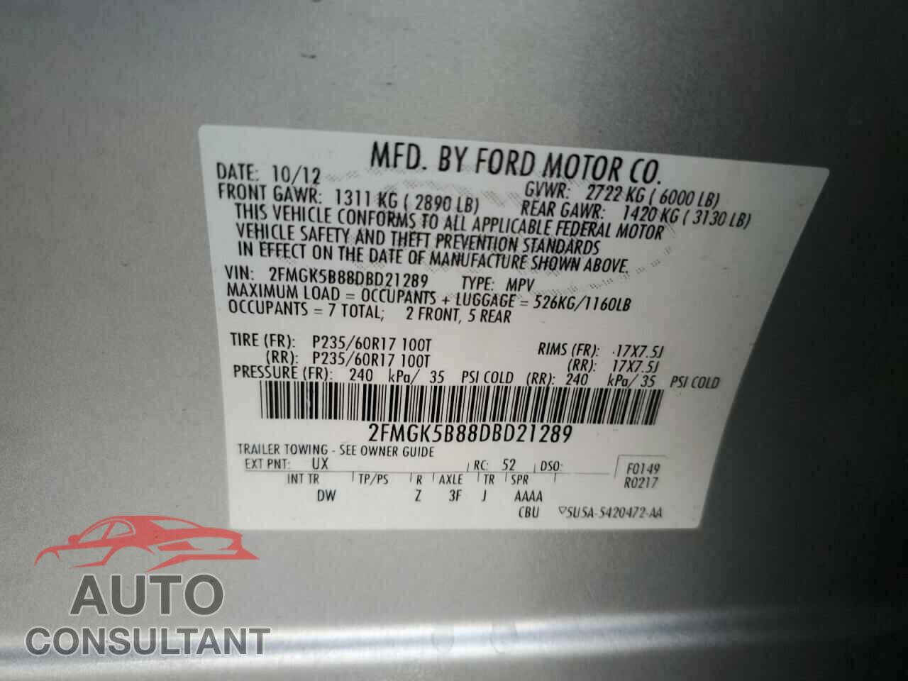 FORD FLEX 2013 - 2FMGK5B88DBD21289