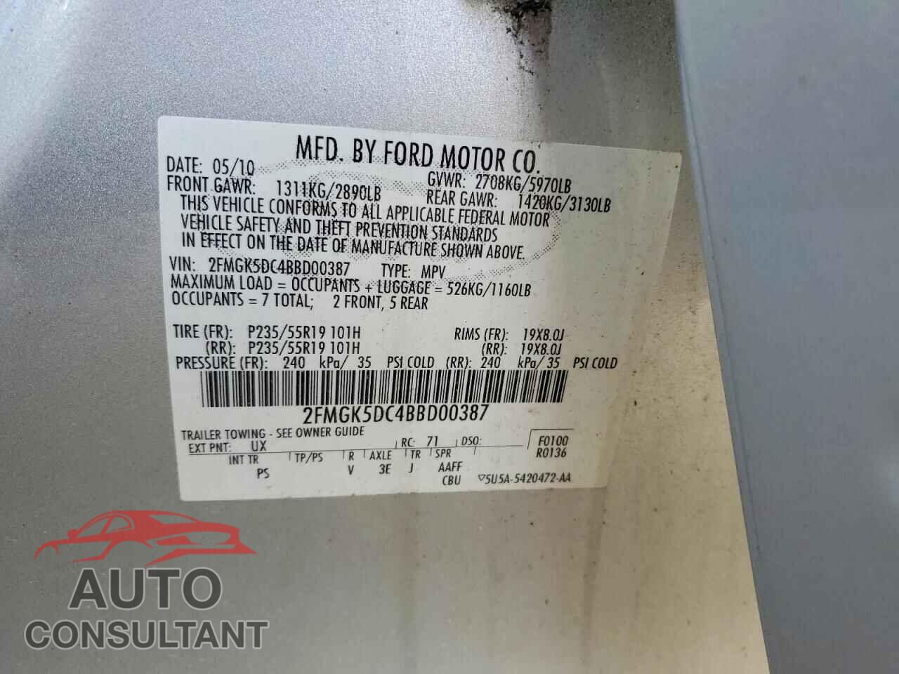 FORD FLEX 2011 - 2FMGK5DC4BBD00387