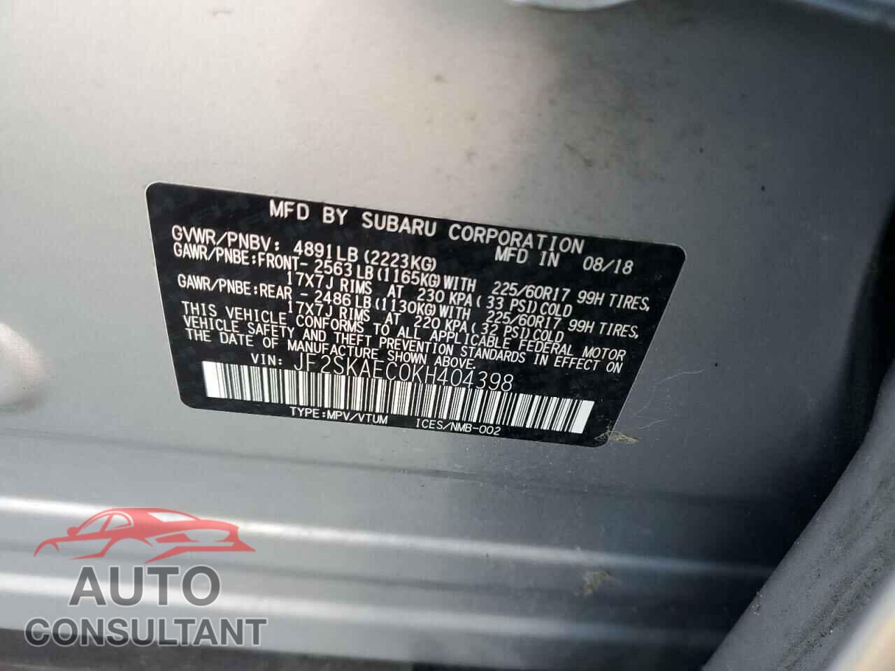 SUBARU FORESTER 2019 - JF2SKAEC0KH404398
