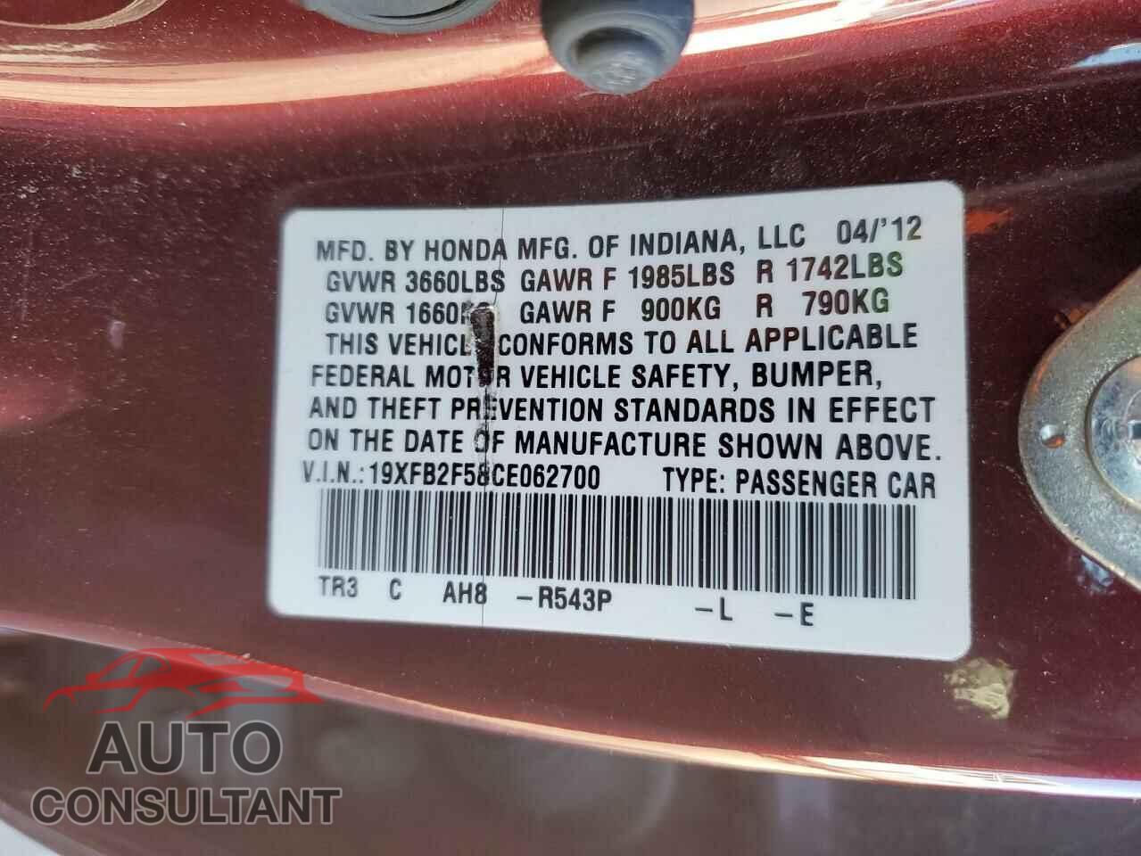 HONDA CIVIC 2012 - 19XFB2F58CE062700