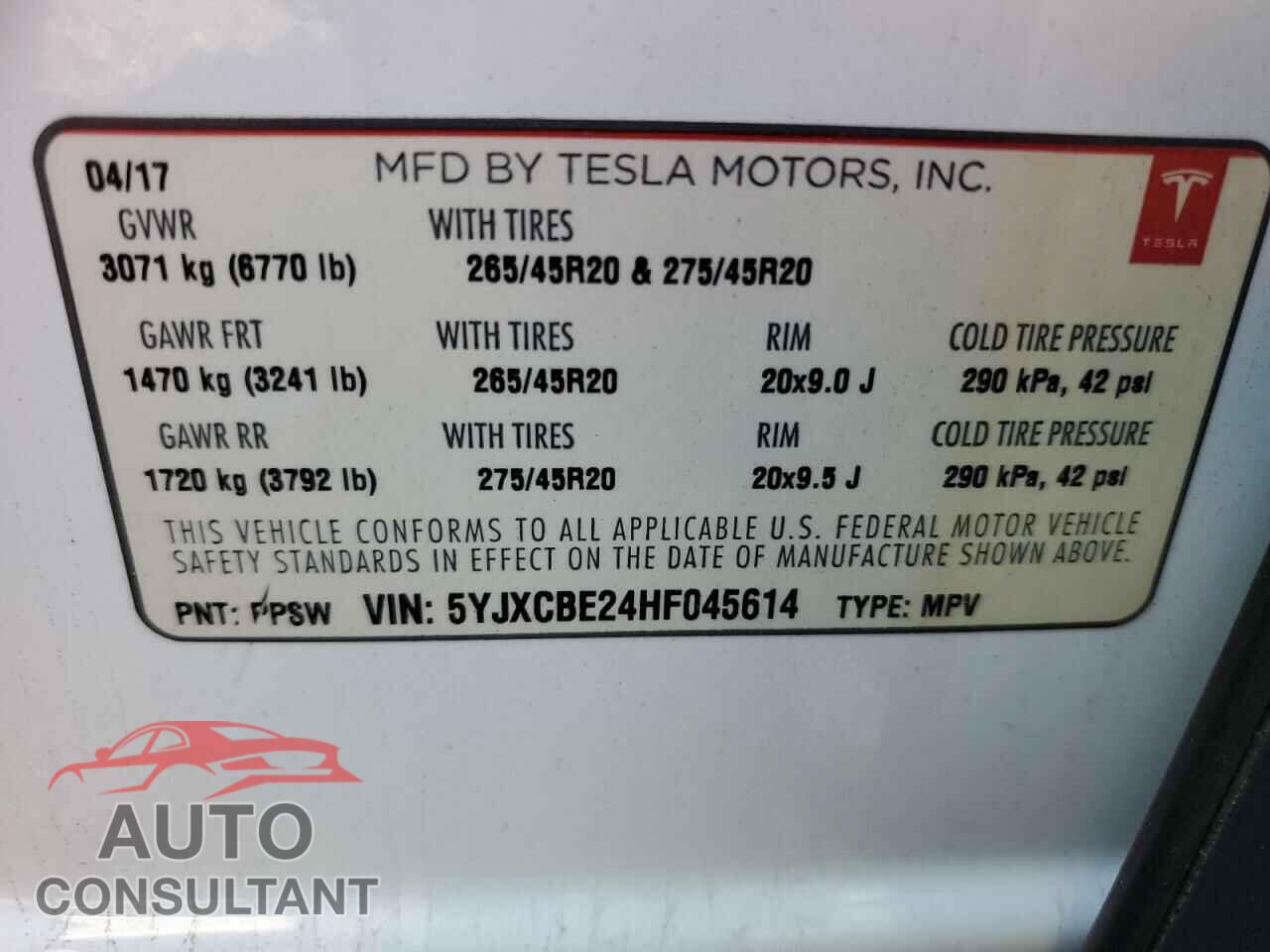 TESLA MODEL X 2017 - 5YJXCBE24HF045614