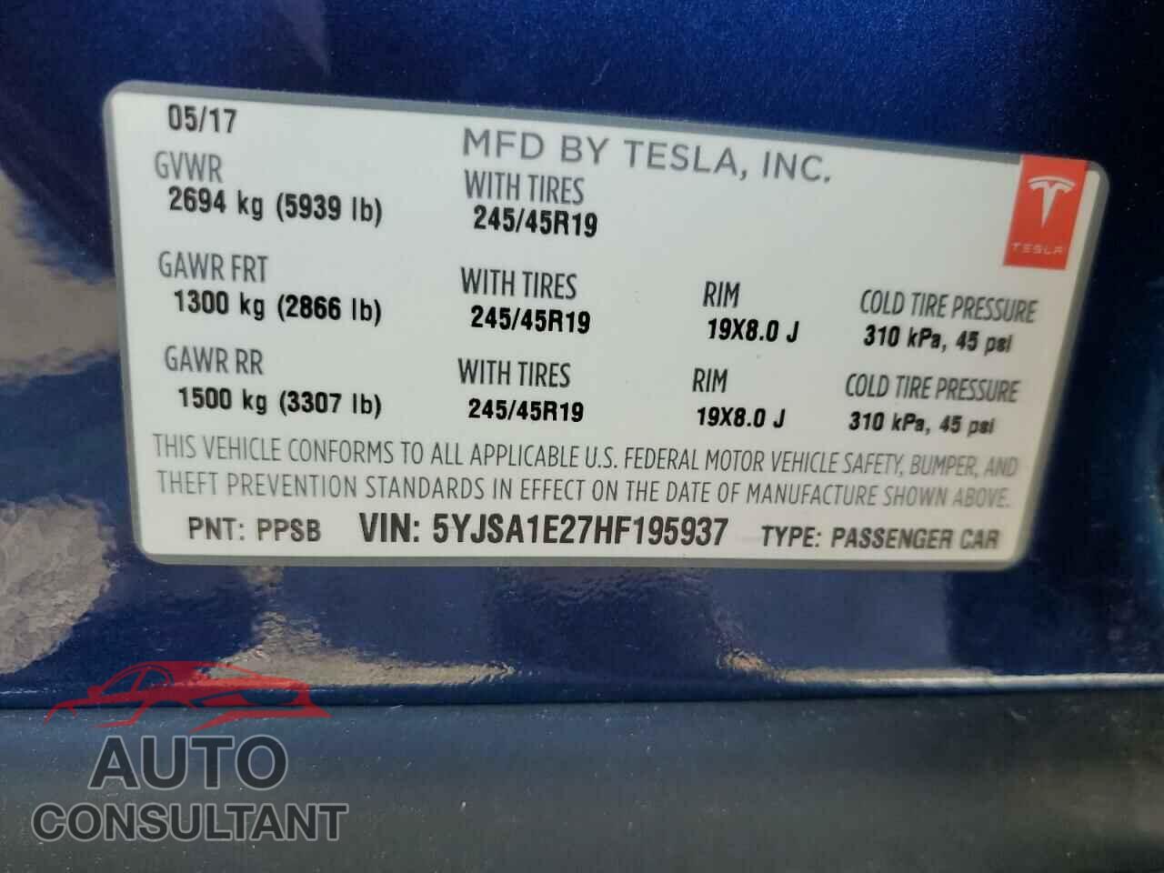 TESLA MODEL S 2017 - 5YJSA1E27HF195937