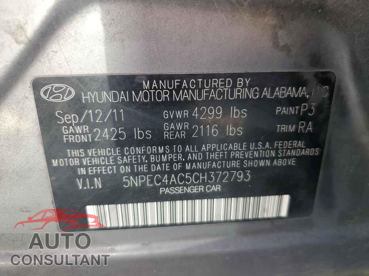 HYUNDAI SONATA 2012 - 5NPEC4AC5CH372793