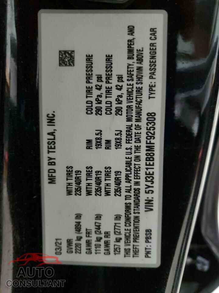 TESLA MODEL 3 2021 - 5YJ3E1EB8MF925308