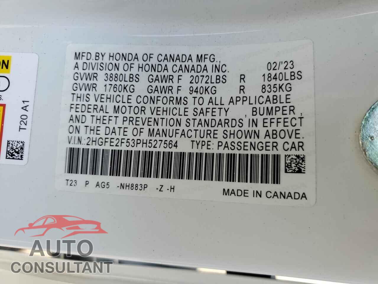 HONDA CIVIC 2023 - 2HGFE2F53PH527564