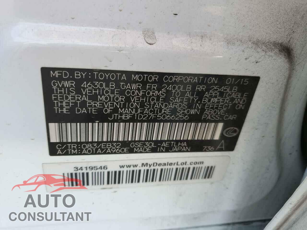 LEXUS IS 2015 - JTHBF1D27F5066256