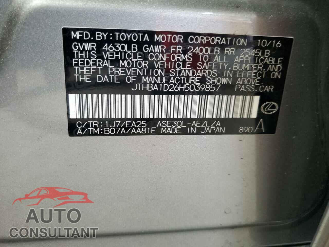 LEXUS IS 2017 - JTHBA1D26H5039857