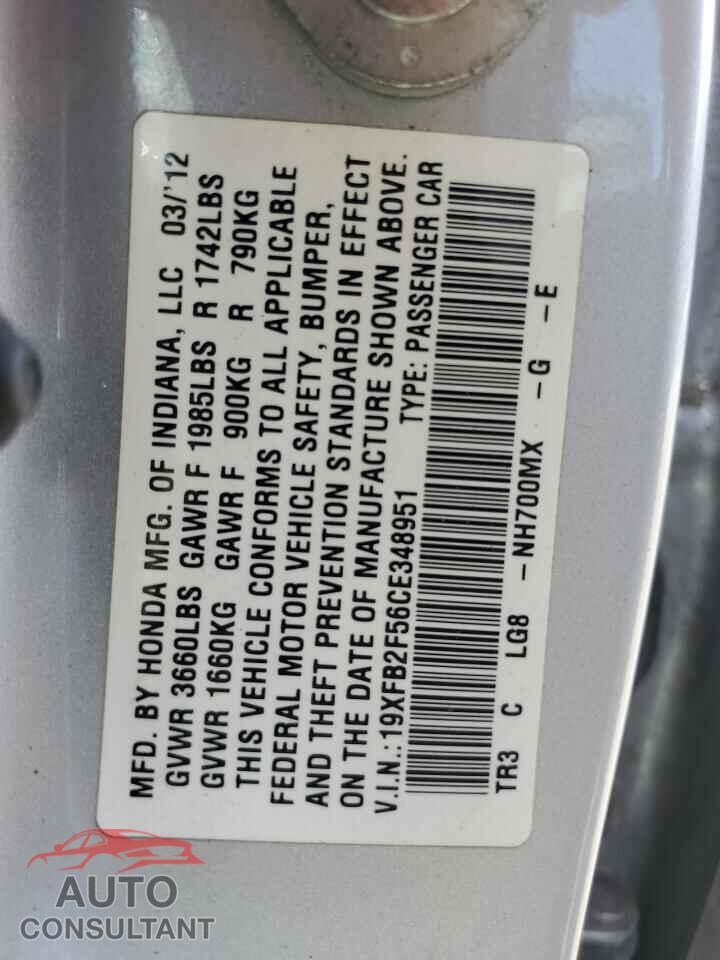 HONDA CIVIC 2012 - 19XFB2F56CE348951