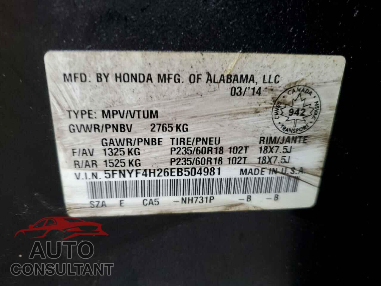 HONDA PILOT 2014 - 5FNYF4H26EB504981
