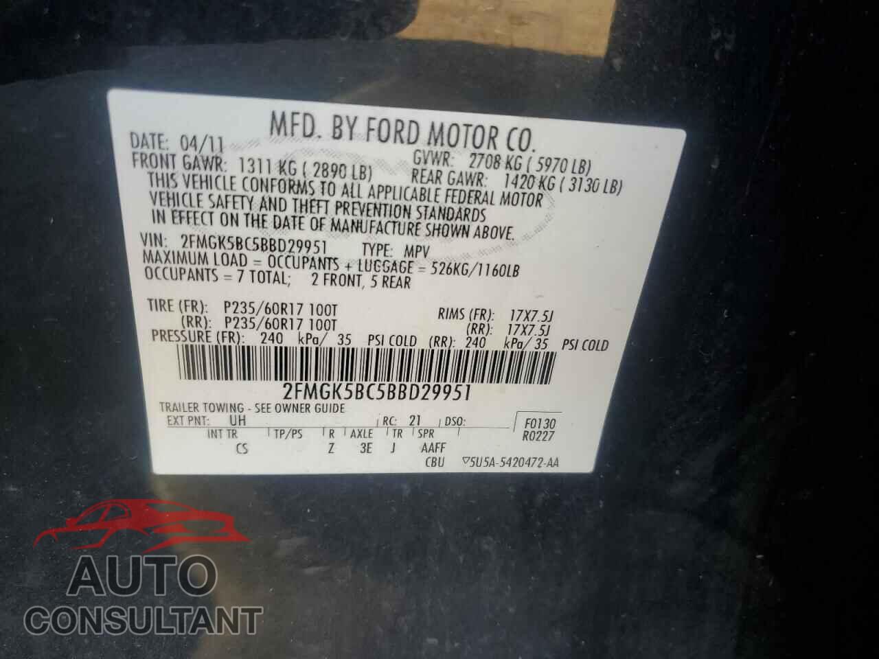 FORD FLEX 2011 - 2FMGK5BC5BBD29951