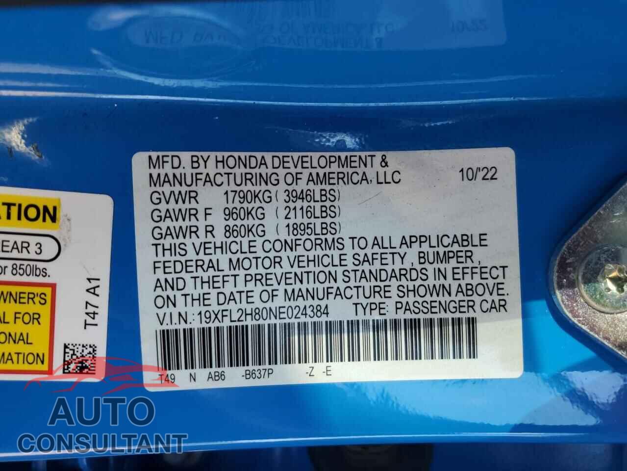 HONDA CIVIC 2022 - 19XFL2H80NE024384