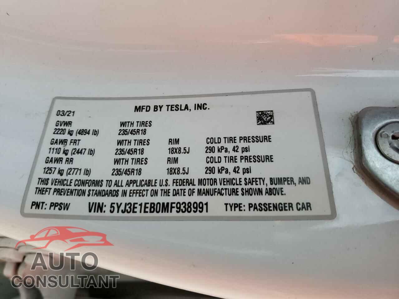 TESLA MODEL 3 2021 - 5YJ3E1EB0MF938991